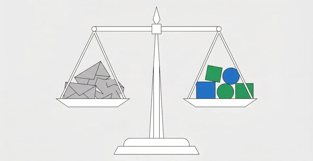 Balance de justice abstraite avec d'un côté des formes papier et de l'autre des formes numériques.