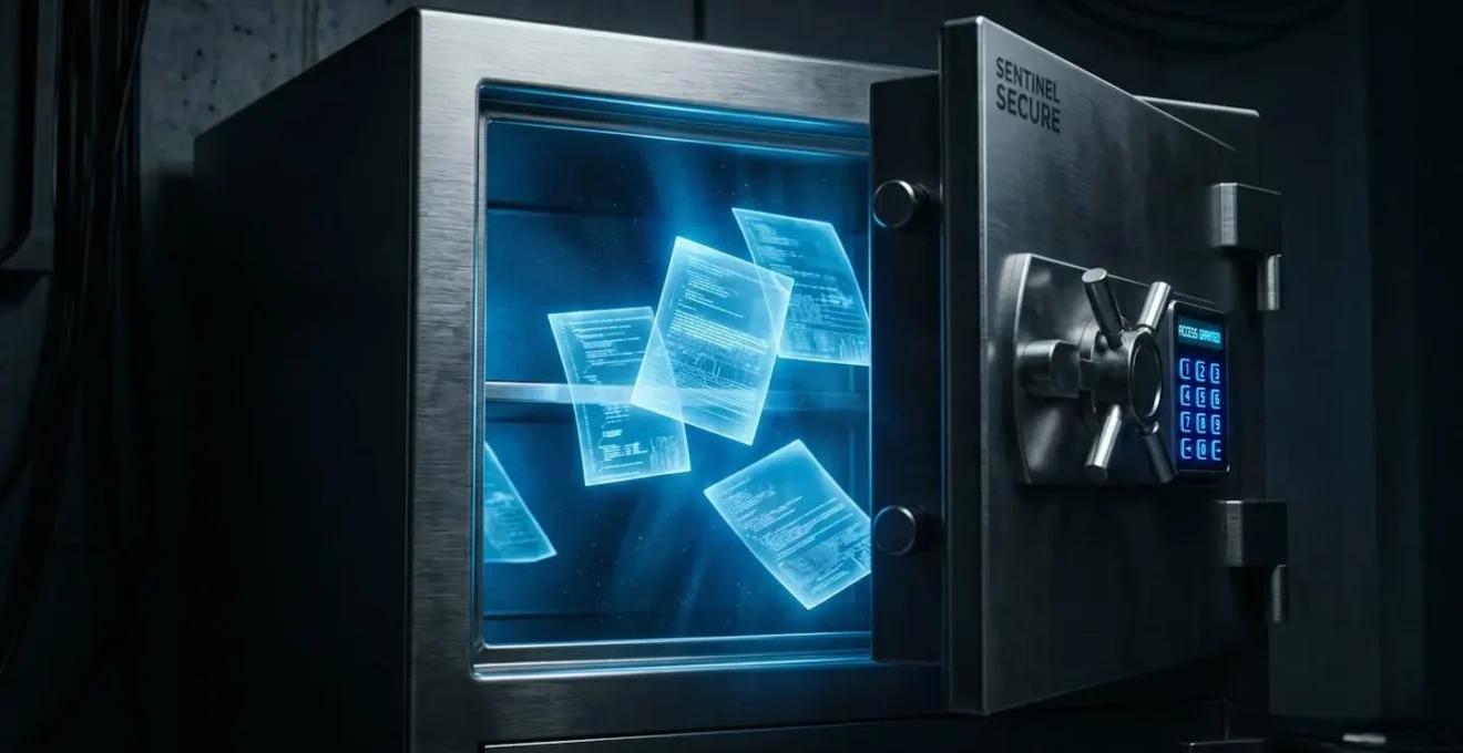 Coffre-fort numérique ouvert laissant échapper une lumière bleue et des documents flottants.