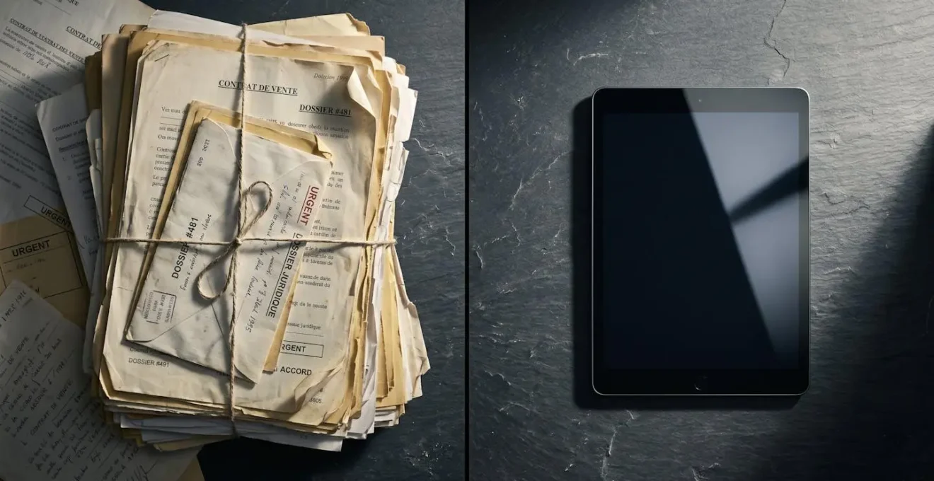 Comparaison visuelle entre pile désordonnée de documents papier à gauche et tablette numérique affichant interface LRAR avec horodatage certifié à droite sur surface en bois clair