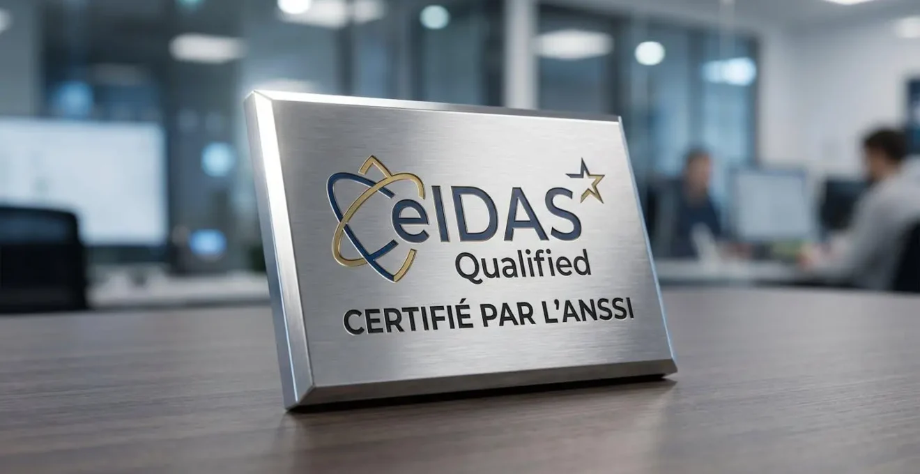Sceau de cire doré gravé 'eIDAS Qualifié ANSSI' en français sur fond noir éclairé en clair-obscur dramatique avec halo lumineux